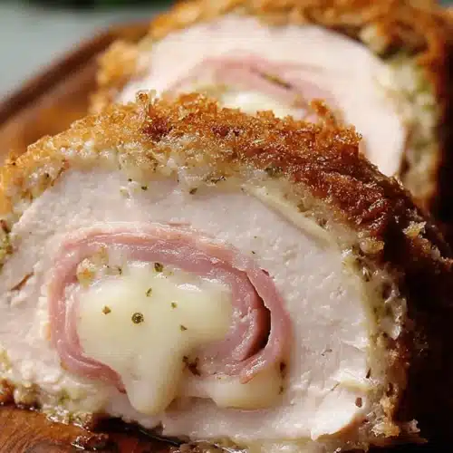 Close-up of a sliced, deliciously creamy Chicken Cordon Bleu, showing its golden breading, tender chicken, ham, and gooey melted cheese filling.