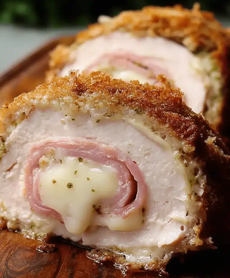 Close-up of a sliced, deliciously creamy Chicken Cordon Bleu, showing its golden breading, tender chicken, ham, and gooey melted cheese filling.
