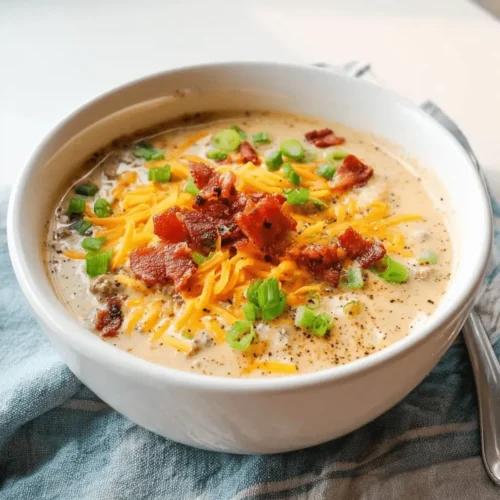 A hearty bowl of creamy cheeseburger soup, garnished with melted cheddar, crispy bacon, and green onions, illustrating an Easy Cheeseburger Soup Recipe.