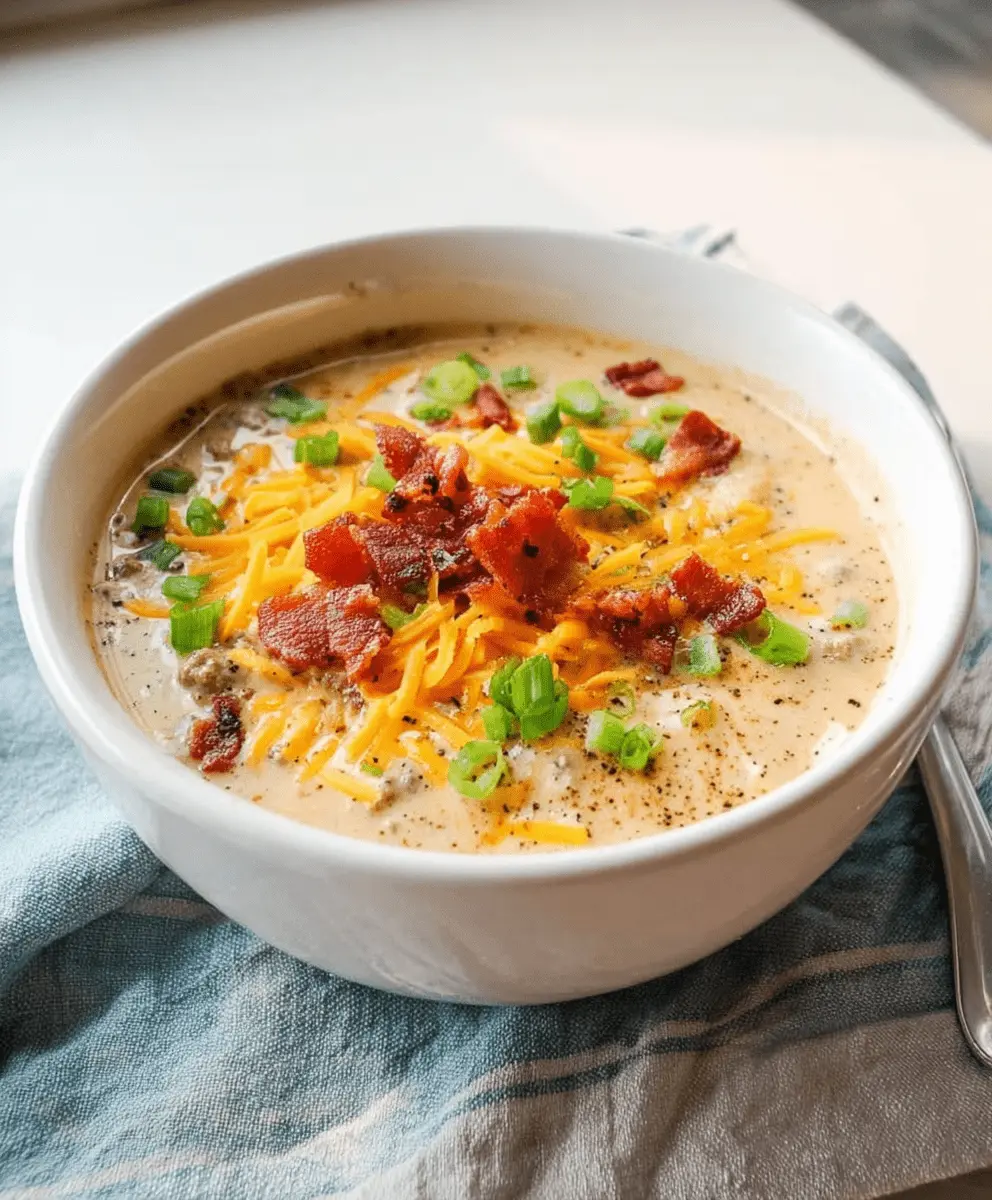 A hearty bowl of creamy cheeseburger soup, garnished with melted cheddar, crispy bacon, and green onions, illustrating an Easy Cheeseburger Soup Recipe.