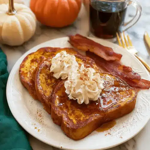 Delicious Fall Pumpkin French Toast Breakfast Recipe served with whipped cream, cinnamon, and crispy bacon on a marble surface.