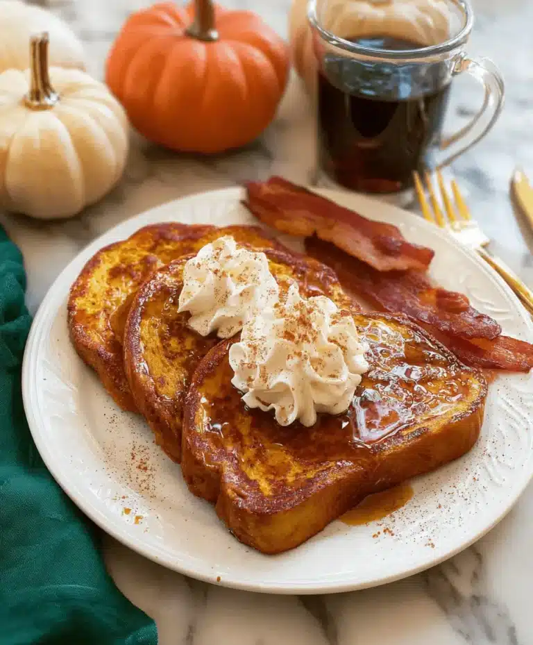 Delicious Fall Pumpkin French Toast Breakfast Recipe served with whipped cream, cinnamon, and crispy bacon on a marble surface.