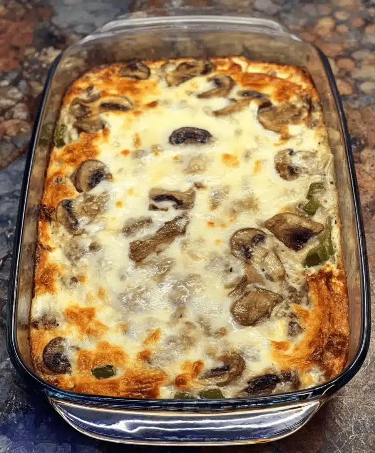 Freshly baked Low Carb Philly Cheesesteak Casserole in a glass dish, featuring a golden-brown cheesy crust, mushrooms, and green bell peppers.