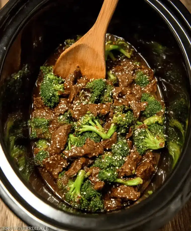 A top-down view of a Mouthwatering Crock Pot Beef And Broccoli dish simmering in a black slow cooker, garnished with sesame seeds.