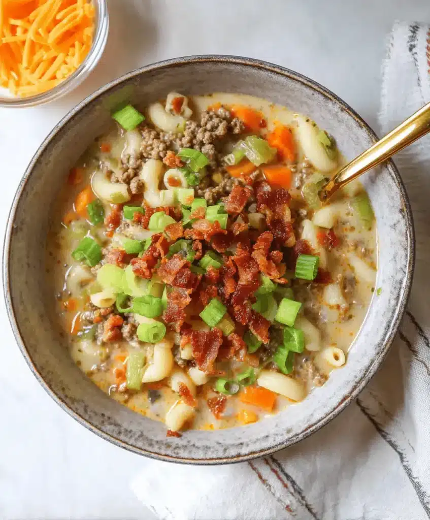 Overhead view of a hearty bowl of One-Pot Macaroni Cheeseburger Soup garnished with bacon and green onions, served with a spoon and shredded cheddar cheese.