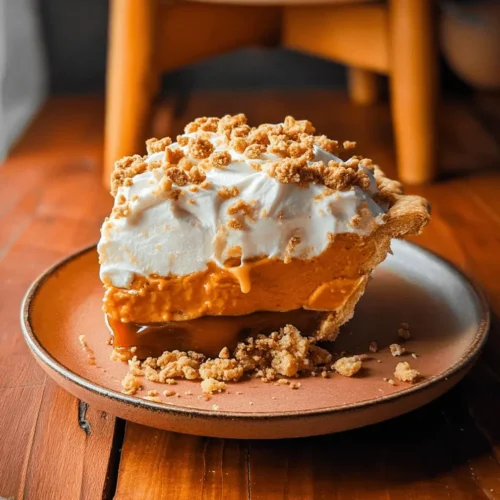 A mouth-watering slice of multi-layered Pumpkin Caramel Pie with whipped cream and crumble topping on a rustic wooden surface.