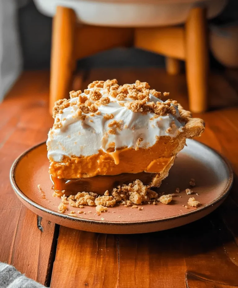 A mouth-watering slice of multi-layered Pumpkin Caramel Pie with whipped cream and crumble topping on a rustic wooden surface.