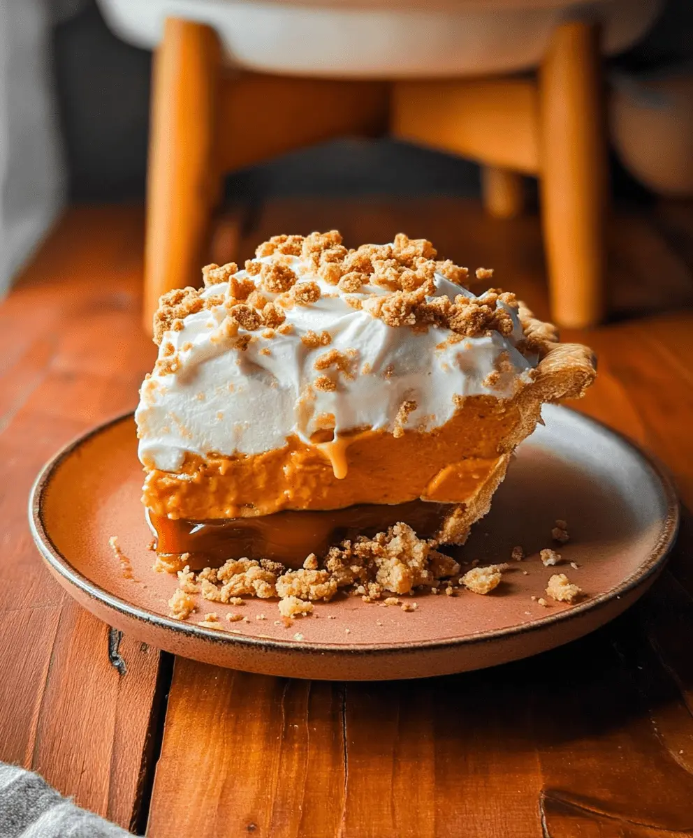 A mouth-watering slice of multi-layered Pumpkin Caramel Pie with whipped cream and crumble topping on a rustic wooden surface.