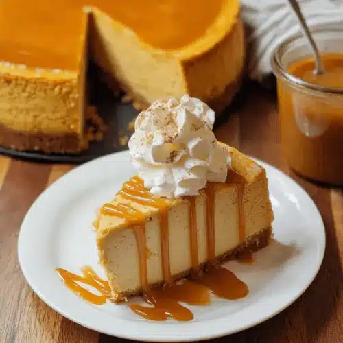 A decadent slice of Pumpkin Cheesecake Recipe drizzled with caramel sauce and topped with whipped cream and cinnamon, presented on a white plate with the whole cheesecake blurred in the background on a wooden surface.