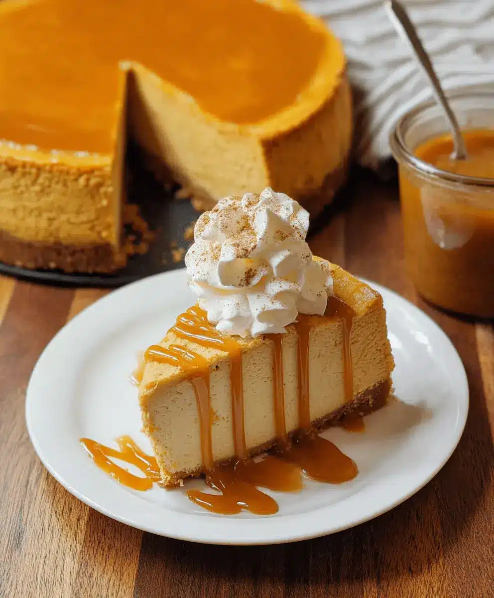 A decadent slice of Pumpkin Cheesecake Recipe drizzled with caramel sauce and topped with whipped cream and cinnamon, presented on a white plate with the whole cheesecake blurred in the background on a wooden surface.