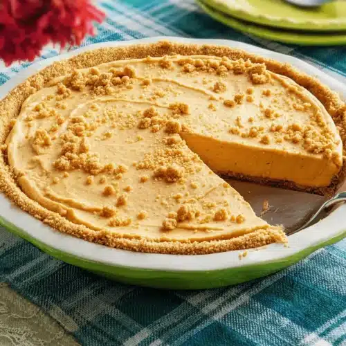 A tempting slice of homemade Pumpkin Cream Pie with a golden crumb crust and creamy filling, ready to be enjoyed on a checkered tablecloth.