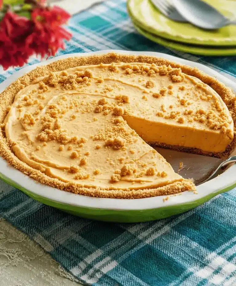 A tempting slice of homemade Pumpkin Cream Pie with a golden crumb crust and creamy filling, ready to be enjoyed on a checkered tablecloth.