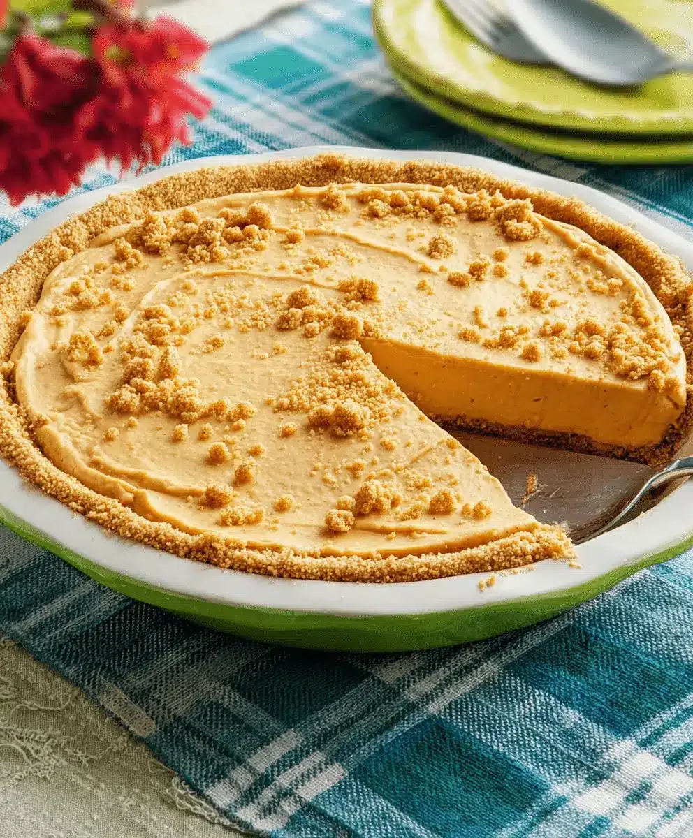A tempting slice of homemade Pumpkin Cream Pie with a golden crumb crust and creamy filling, ready to be enjoyed on a checkered tablecloth.