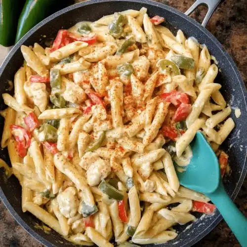 Vibrant Rattlesnake Pasta in a pan with creamy penne, chicken, red and green bell peppers, and spices, ready to serve.