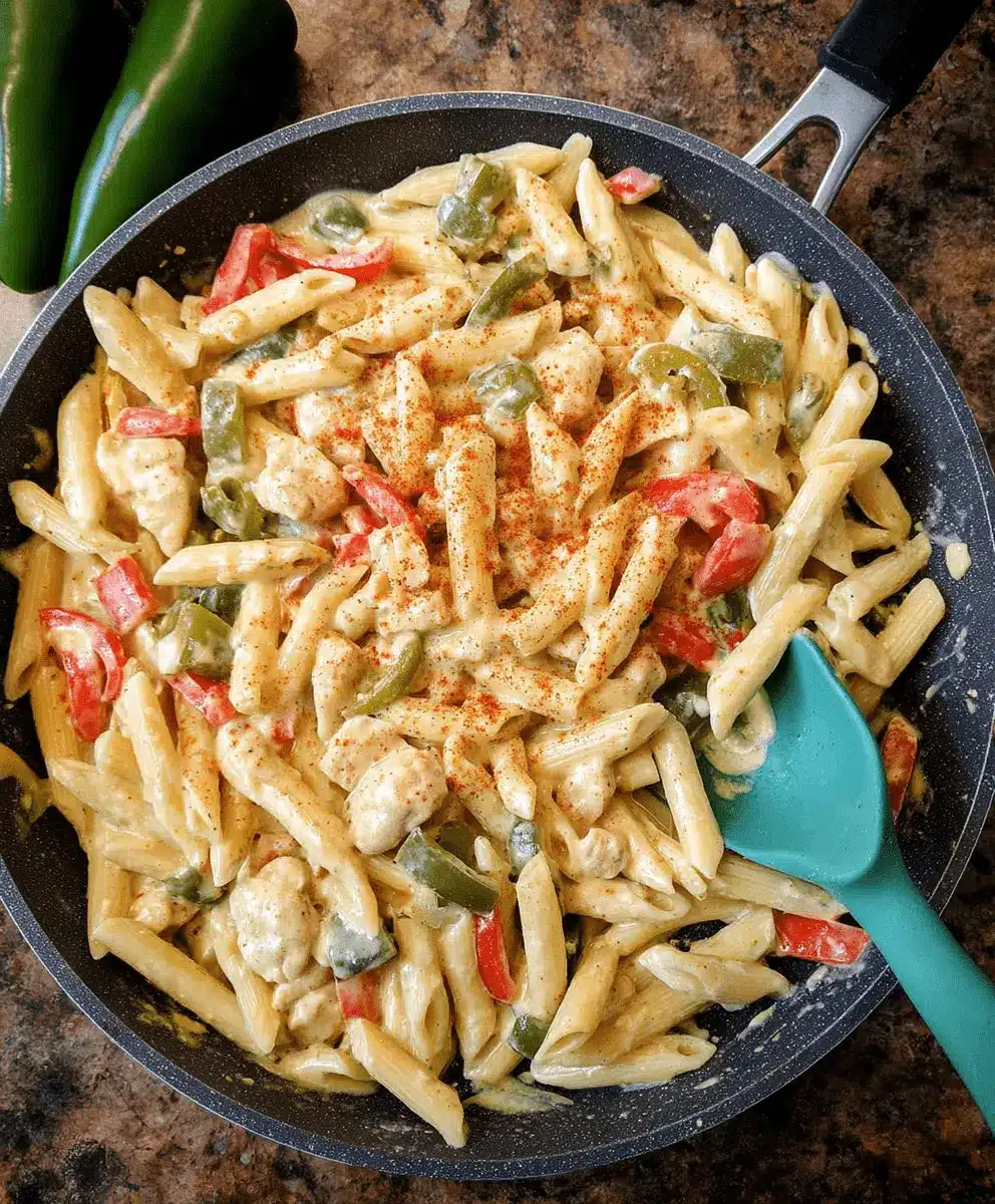 Vibrant Rattlesnake Pasta in a pan with creamy penne, chicken, red and green bell peppers, and spices, ready to serve.