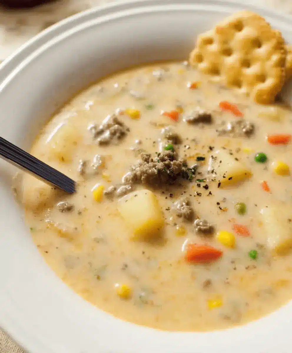A close-up of a hearty bowl of creamy Shepherd's Pie Soup, filled with ground meat, potatoes, peas, carrots, and corn, served with a cracker and spoon.