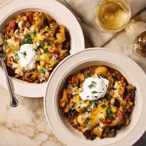 Two bowls of hearty Slow Cooker Cowboy Casserole, topped with melted cheese, sour cream, and fresh parsley on a marble surface.