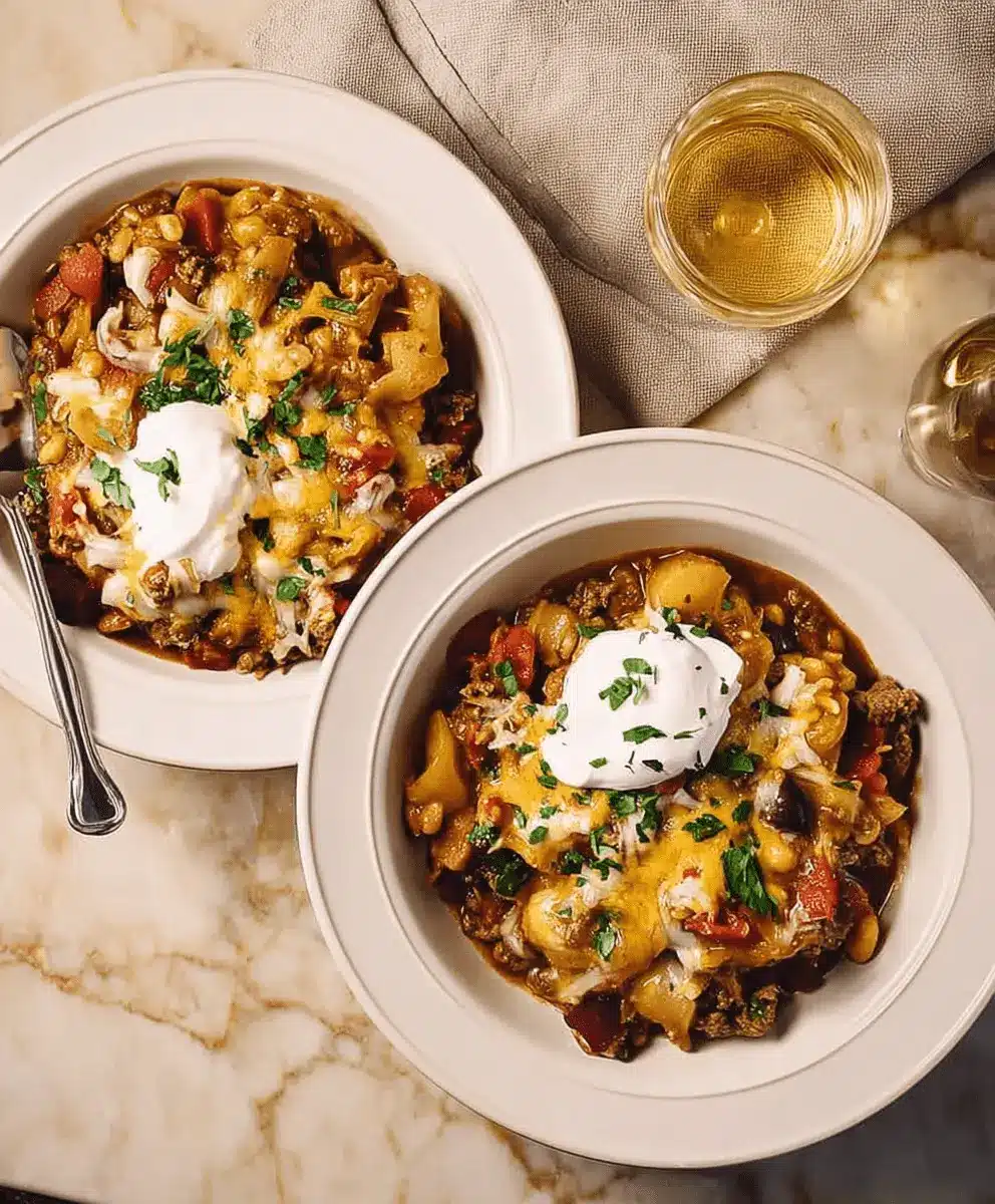Two bowls of hearty Slow Cooker Cowboy Casserole, topped with melted cheese, sour cream, and fresh parsley on a marble surface.