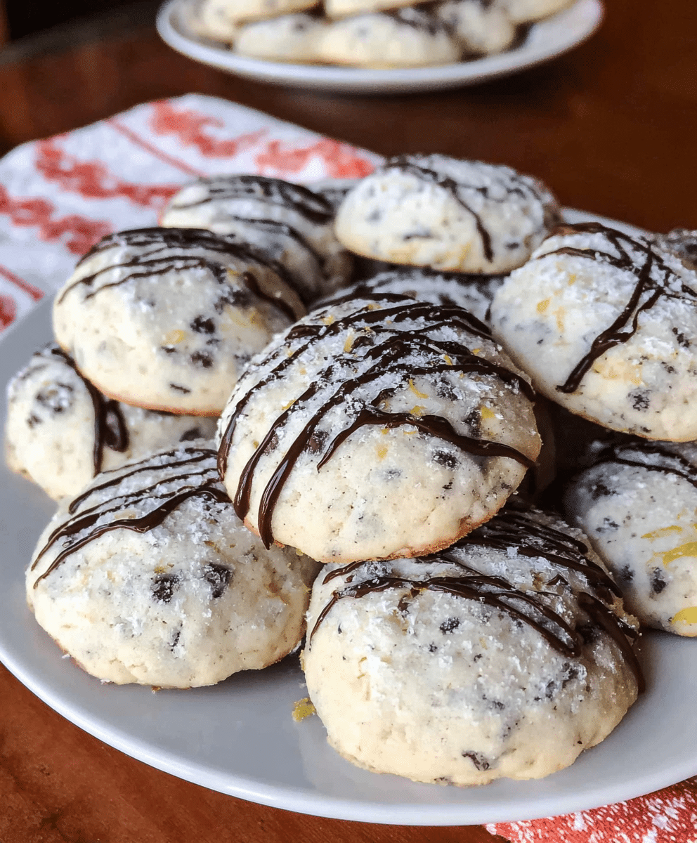 Soft cannoli cookies with chocolate chips, powdered sugar, and chocolate drizzle on white plate, Italian Christmas cookie recipe.