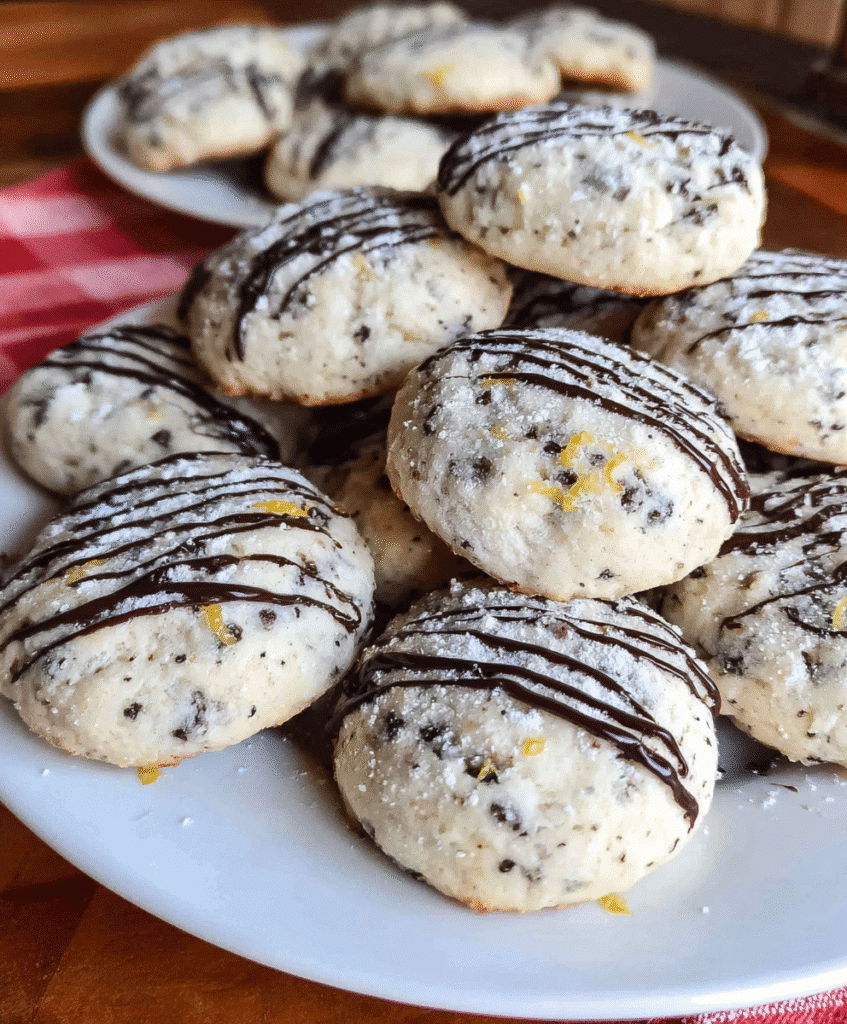 Soft cannoli cookies with chocolate chips, powdered sugar, and chocolate drizzle on white plate, Italian Christmas cookie recipe.