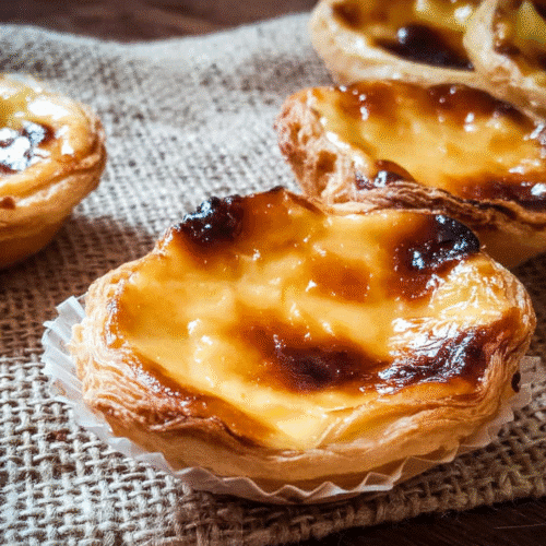 Close-up of Portuguese custard tarts (Pastéis de Nata) with flaky puff pastry and caramelized tops on a rustic fabric