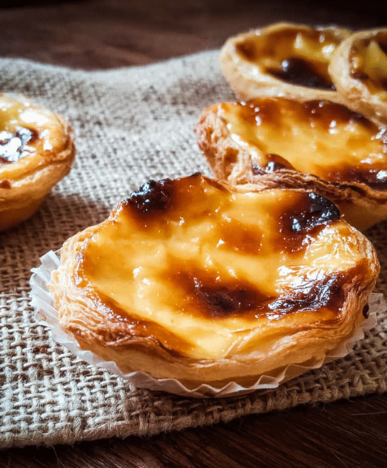 Close-up of Portuguese custard tarts (Pastéis de Nata) with flaky puff pastry and caramelized tops on a rustic fabric