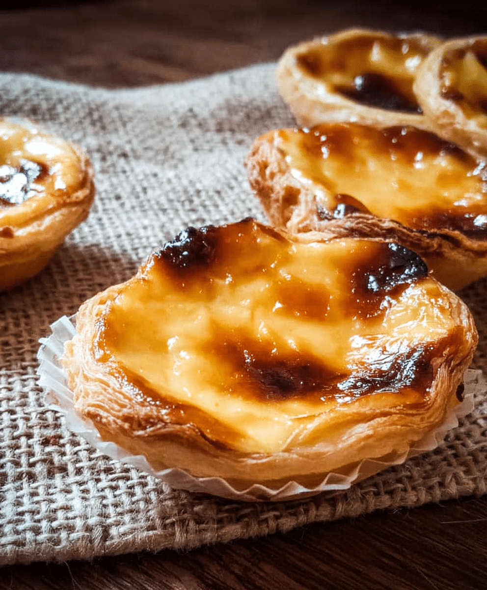Close-up of Portuguese custard tarts (Pastéis de Nata) with flaky puff pastry and caramelized tops on a rustic fabric