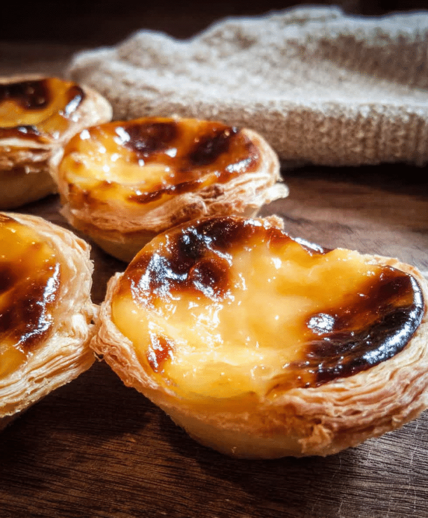 Close-up of Portuguese custard tarts (Pastéis de Nata) with flaky puff pastry and caramelized tops on a rustic fabric.