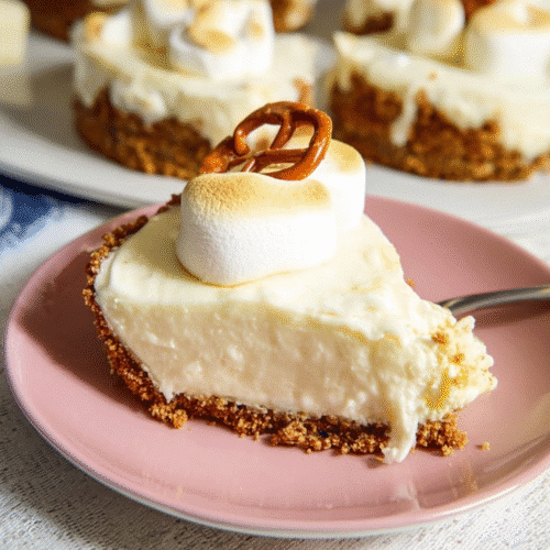 Slice of no-bake marshmallow cheesecake on a pink plate, with a crunchy graham-pretzel crust and whipped topping, garnished with pretzels.