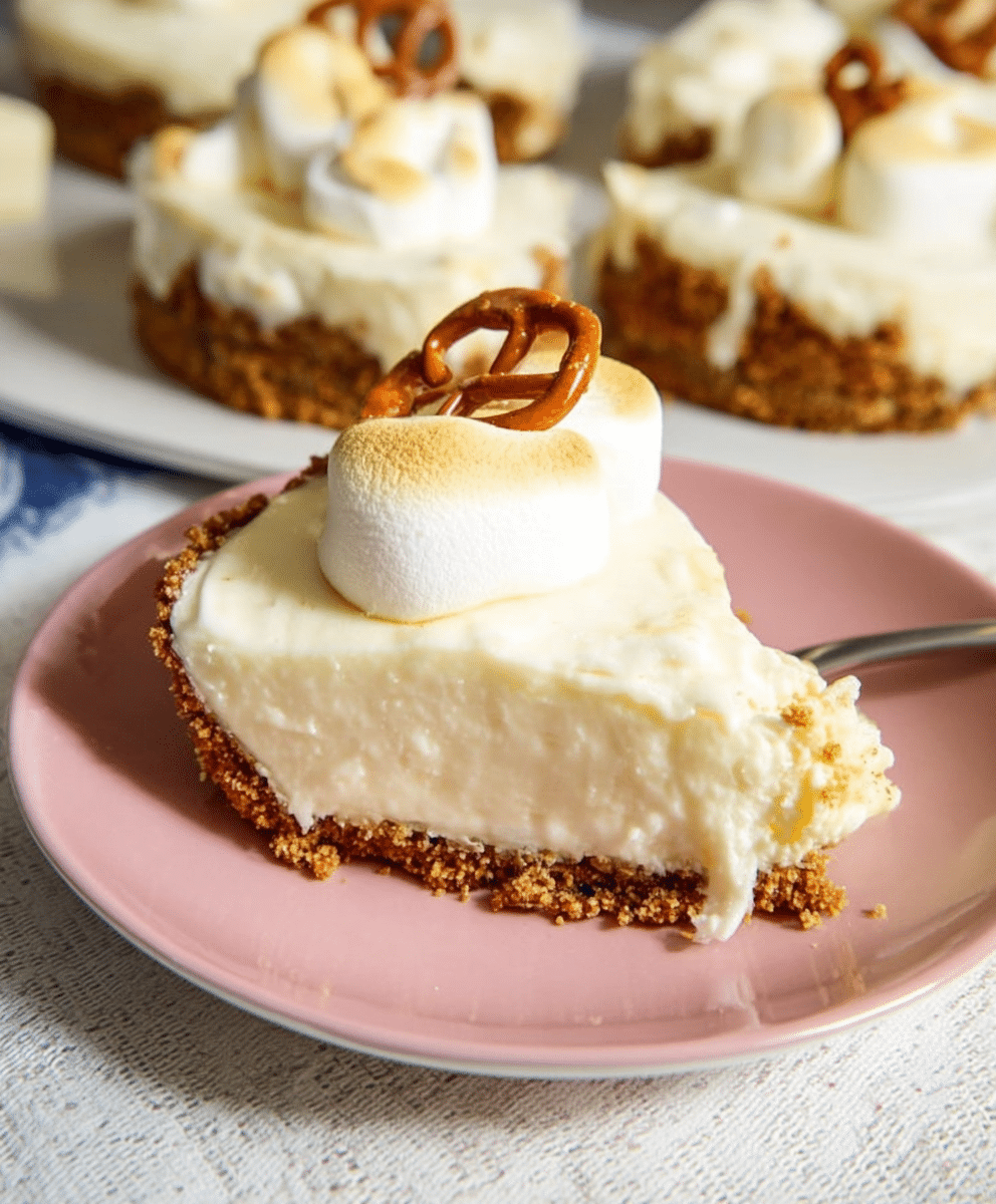 Slice of no-bake marshmallow cheesecake on a pink plate, with a crunchy graham-pretzel crust and whipped topping, garnished with pretzels.