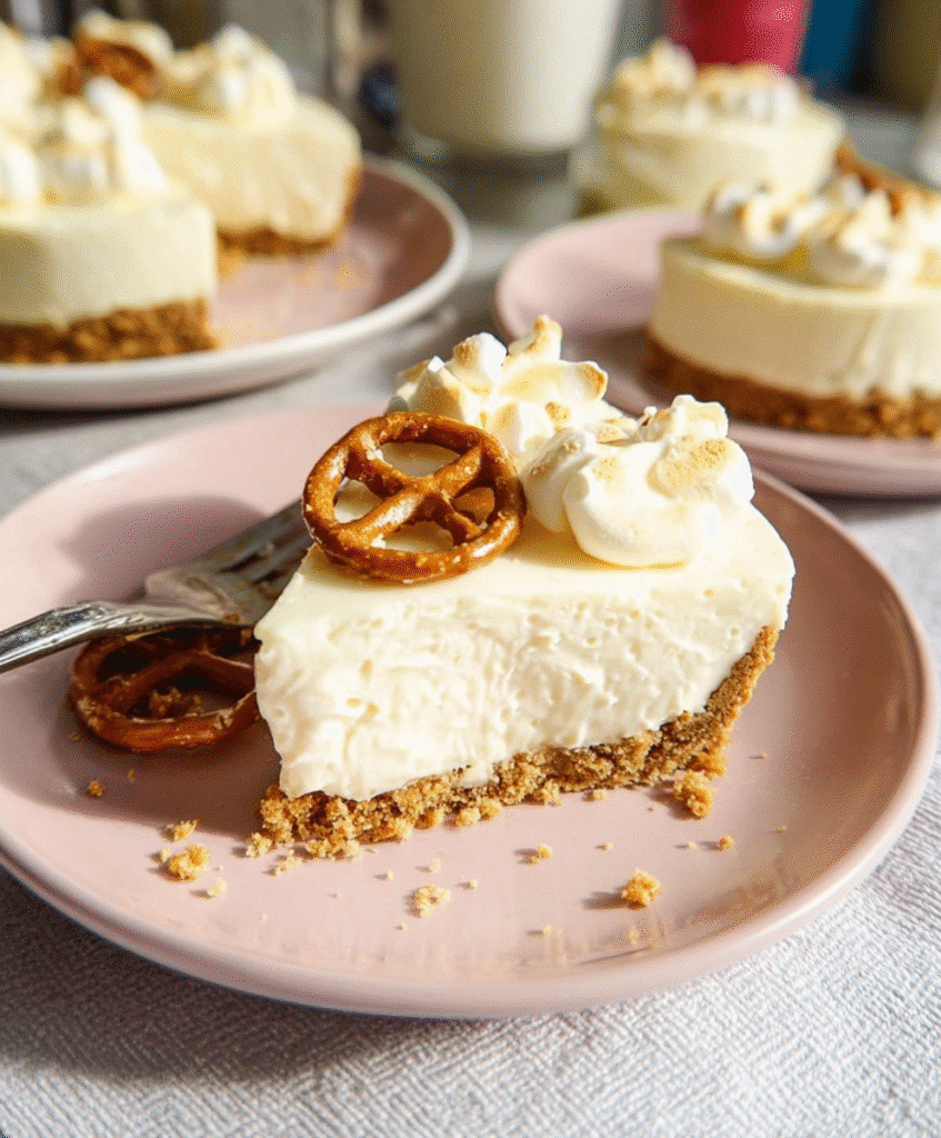 Creamy no-bake marshmallow cheesecake slice on a pink plate, topped with toasted marshmallows and a pretzel twist over a buttery crumb crust.