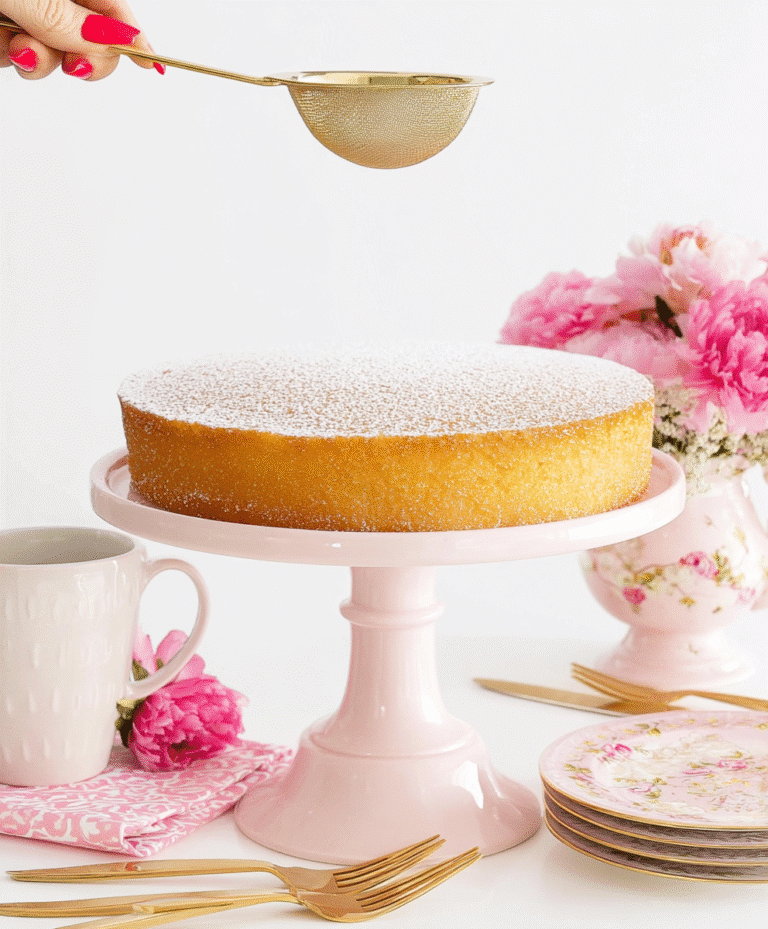 Fluffy French butter cake dusted with powdered sugar on a pink cake stand, with a hand holding a gold sifter and pink floral table decor