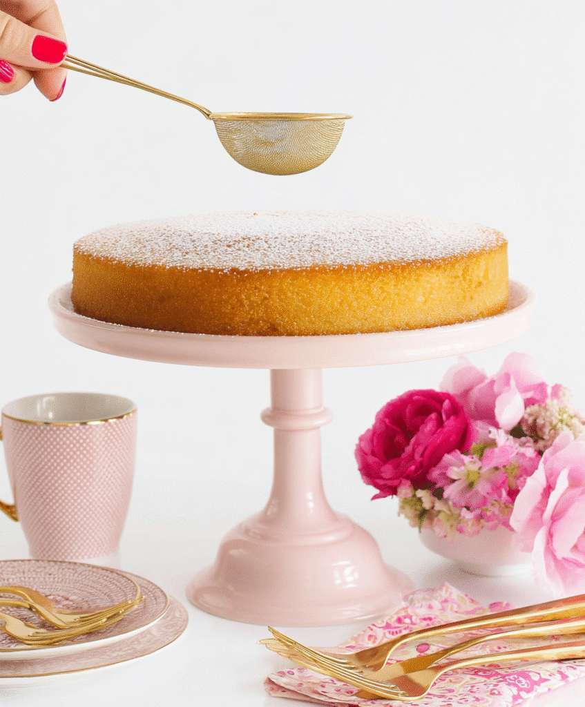 Simple French butter cake sprinkled with powdered sugar on a pink pedestal stand, with gold cutlery and bright pink flowers in the background