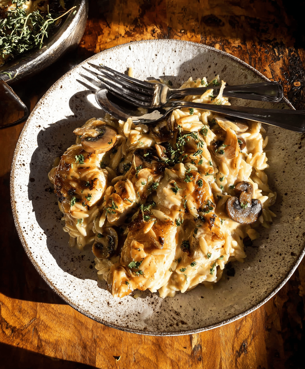Creamy French onion chicken with mushrooms and orzo pasta, garnished with fresh parsley, served on rustic plate, cozy comfort food.