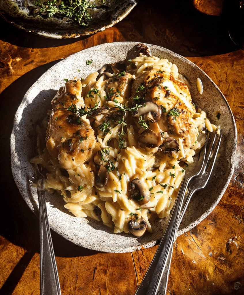 Creamy French onion chicken with mushrooms and orzo pasta, garnished with fresh parsley, served on rustic plate, cozy comfort food.