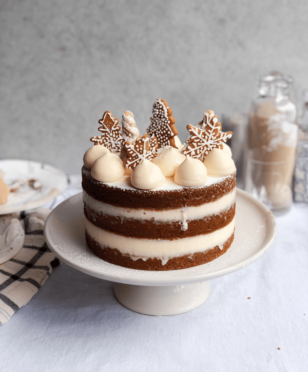 Festive gingerbread layer cake with cream cheese frosting, decorated with iced gingerbread cookies and snowy winter details on a cake stand.”