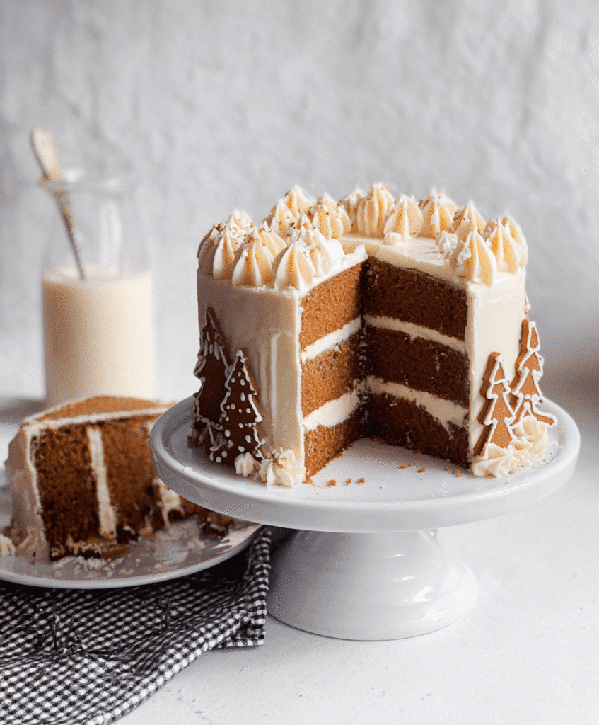 Festive gingerbread layer cake with cream cheese frosting, decorated with iced gingerbread cookies and snowy winter details on a cake stand.