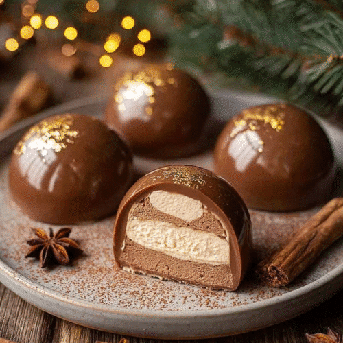 Chocolate gingerbread mousse dome with creamy layers, glossy finish, gold leaf decoration, holiday dessert, cozy Christmas vibes.