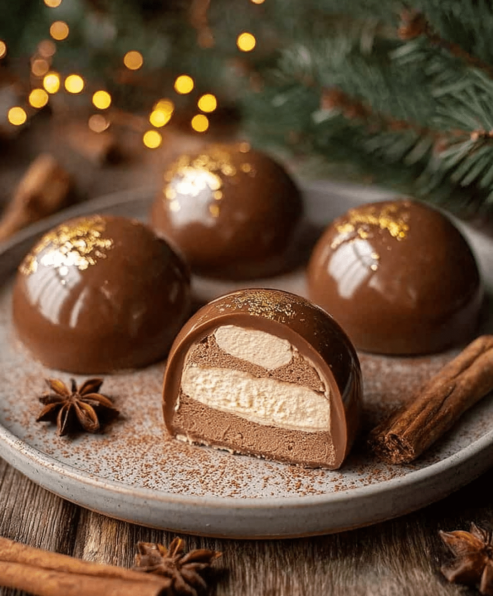 Chocolate gingerbread mousse dome with creamy layers, glossy finish, gold leaf decoration, holiday dessert, cozy Christmas vibes.