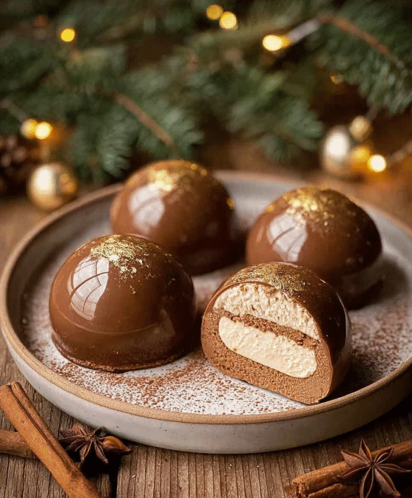 Chocolate gingerbread mousse dome with creamy layers, glossy finish, gold leaf decoration, holiday dessert, cozy Christmas vibes.
