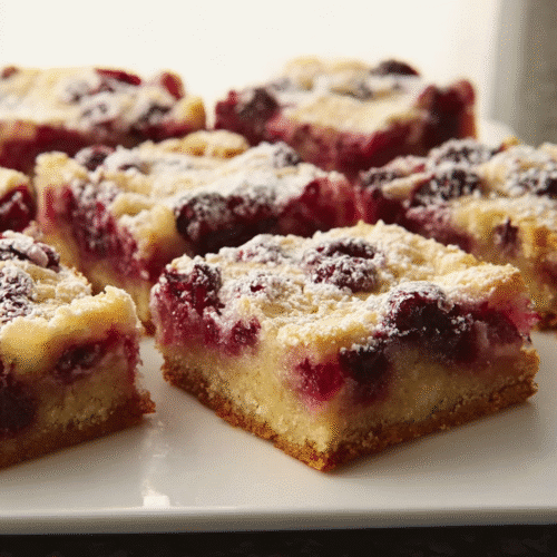 Close-up of soft cranberry gooey butter bars with a golden crust and powdered sugar on top, arranged on a white plate.