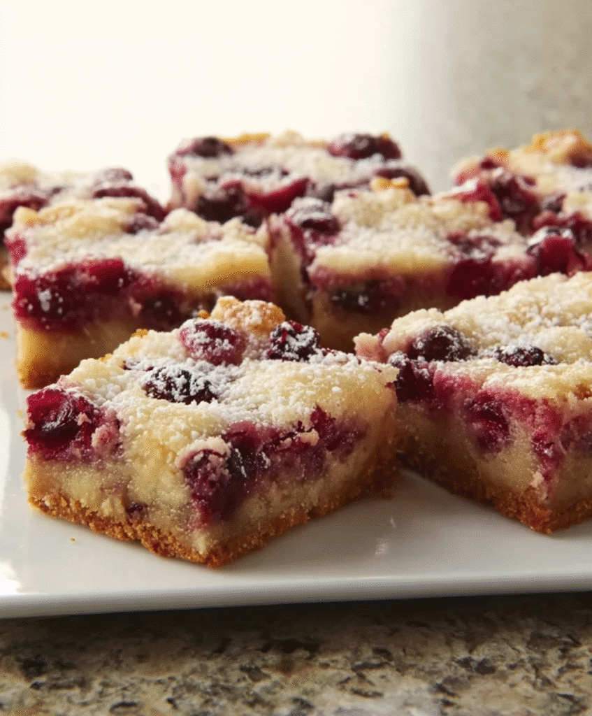 Moist cranberry butter bars featuring tart berries and a sweet buttery filling over a crisp crust, dusted with powdered sugar.