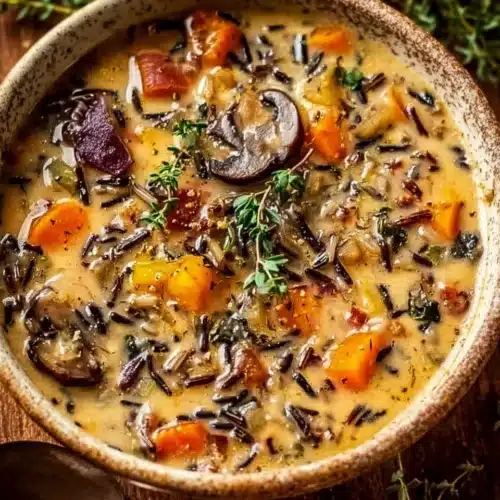 Bowl of Autumn Wild Rice Soup garnished with herbs and served with crusty bread.