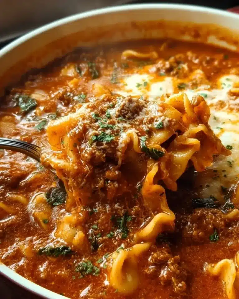 Delicious bowl of lasagna soup topped with cheese and fresh herbs