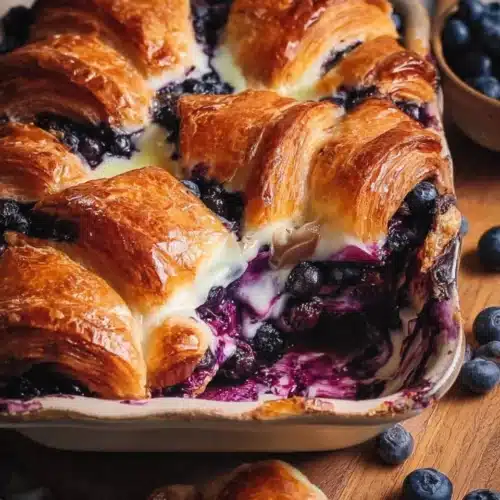 Delicious Blueberry Cream Cheese Croissant Casserole served with fresh blueberries.