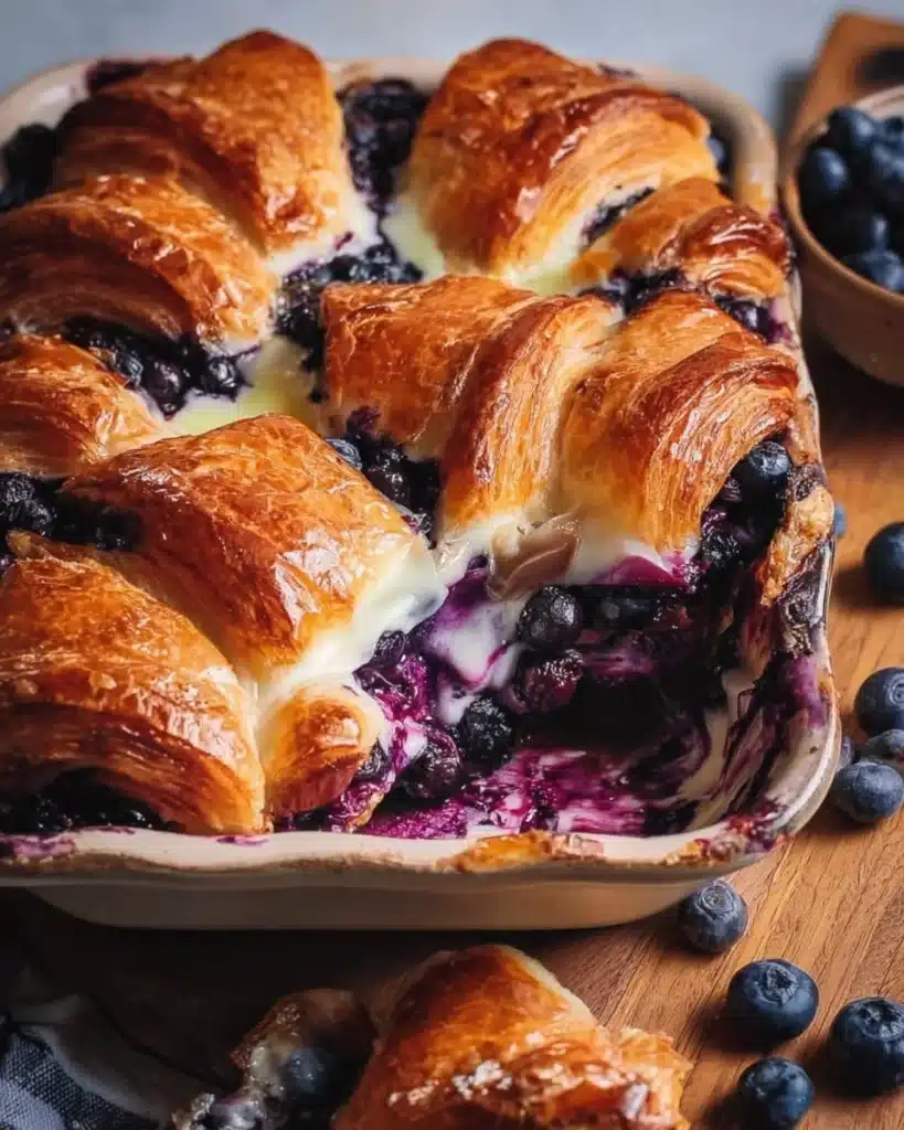 Delicious Blueberry Cream Cheese Croissant Casserole served with fresh blueberries.