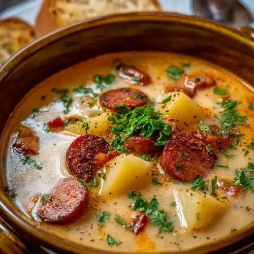 Bowl of delicious Cajun Potato Soup with herbs and spices