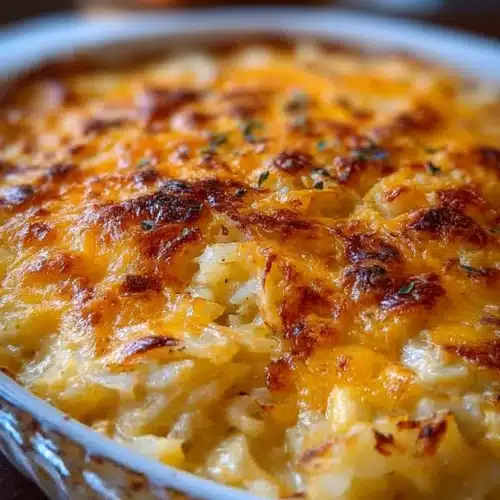 Delicious cheesy hashbrown potato casserole served on a plate