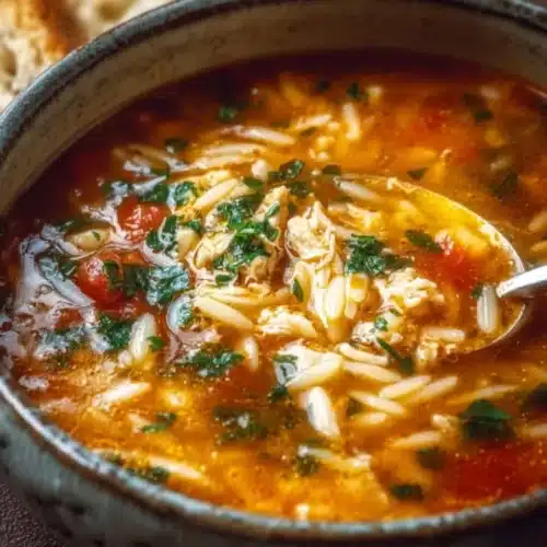 Bowl of chicken orzo tomato soup garnished with fresh herbs