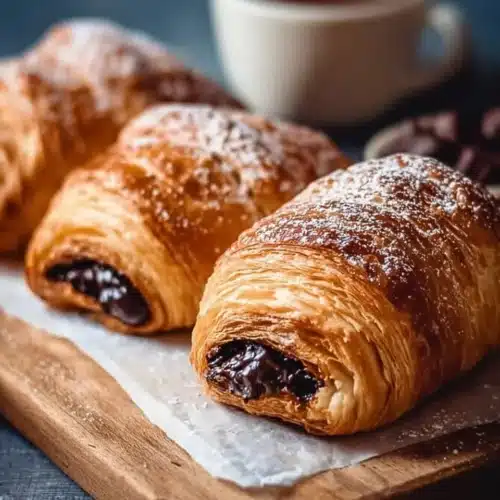 Freshly baked chocolate croissants with a rich chocolate filling